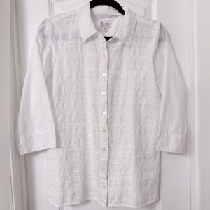 D & Co Women's White Cropped Sleeve Button Down Top Eyelet Cotton Size M